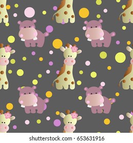 seamless pattern with cartoon cute toy baby behemoth, giraffe and Circles on a dark gray  background