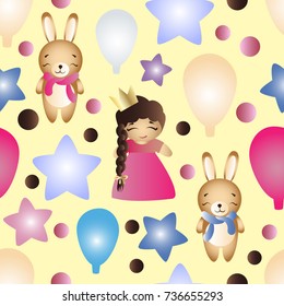 Seamless pattern with a cartoon cute toy baby girl, bunny, stars and balloons on a yellow background