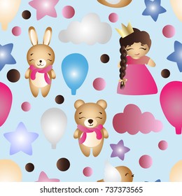 Seamless pattern with a cartoon cute toy baby girl, bunny, stars, clouds, bear and balloons on a blue background