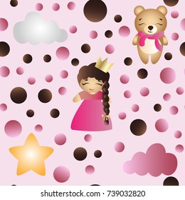 Seamless pattern with a cartoon cute toy baby girl, bear, stars and clouds on a pink background