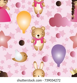 Seamless pattern with a cartoon cute toy baby girl, bunny, stars, clouds, bear and balloons on a pink background
