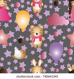 Seamless pattern with a cartoon cute toy baby girl, bunny, stars, clouds, bear and balloons on a gray background