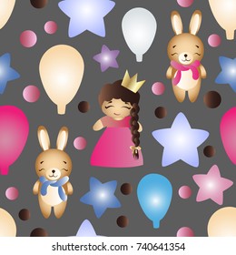 Seamless pattern with a cartoon cute toy baby girl, bunny, stars and balloons on a gray background