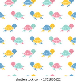 Seamless pattern of the cartoon cute turtles. Underwater sea life