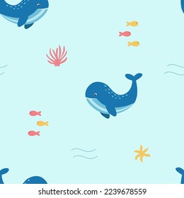 Seamless pattern cartoon cute whale. Endless background for printing on children's clothes or wallpaper. Vector illustration of the underwater world concept