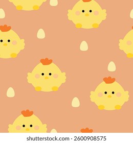 Seamless pattern cartoon cute yellow chicken and egg. cute wallpaper and animals background for gift wrap paper