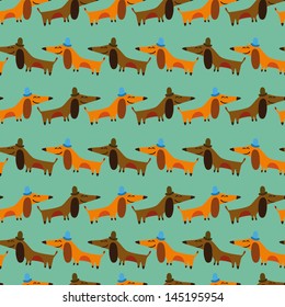 Seamless pattern with cartoon dachshund. Vector background.  Seamless pattern can be used for wallpaper, pattern fills, web page background, surface textures.