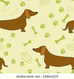 Seamless pattern with cartoon dachshunds, bones, paw prints and bowls. Vector background.