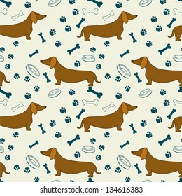 Seamless pattern with cartoon dachshunds, bones, paw prints and bowls. Vector background.