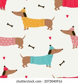 Seamless pattern with cartoon dachshunds, hearts and bones on beige background. Dachshund in a sweater and hat. Christmas dog. Dachshund clothes. Vector illustration. Isolated on white background. 