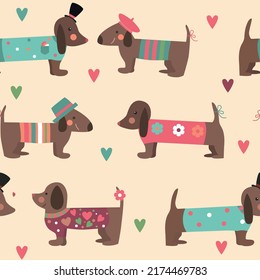 Seamless pattern with cartoon dachshunds and hearts. Vector illustration. 