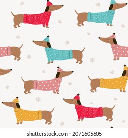 Seamless pattern with cartoon dachshunds and paw prints on beige background. Dachshund in a sweater and hat. Christmas dog. Dachshund clothes. Vector illustration. Isolated on white background.  svg