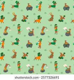 Seamless pattern with cartoon dachshunds wearing green clothes and hats. St. Patrick's day. 