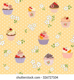 Seamless pattern with cartoon daisies, roses and cakes.