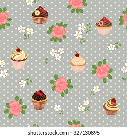 Seamless pattern with cartoon daisies, roses and cakes.