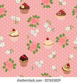 Seamless pattern with cartoon daisies, roses and cakes.