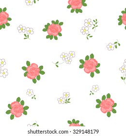 Seamless pattern with cartoon daisies and roses.