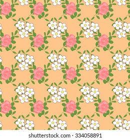 Seamless pattern with cartoon daisies and roses.