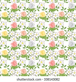 Seamless pattern with cartoon daisies and roses.