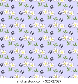 Seamless pattern with cartoon daisies and traces of cat paws.