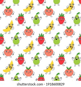 Seamless pattern with cartoon dancing fruit: peach, strawberry, banana, pear on a white background. Creative print for apparel, decoration, packaging, wrapping paper etc. 