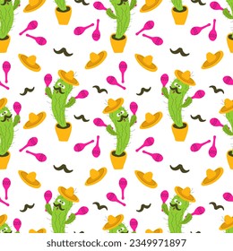 Seamless pattern cartoon dancing and singing mariachi cactus in a pot in a sombrero with maracas. Background for Mexico's national holiday Cinco de Mayo. Vector illustration