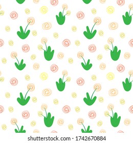 Seamless pattern of cartoon dandelion flowers. Colorful seamless texture for kids. Swatch of cartoon background. Stock vector illustration on white background.