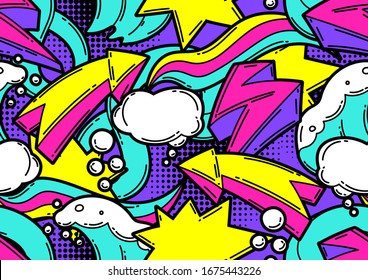 Seamless pattern with cartoon decorative elements. Urban colorful teenage creative background. Fashion symbol in modern comic style.