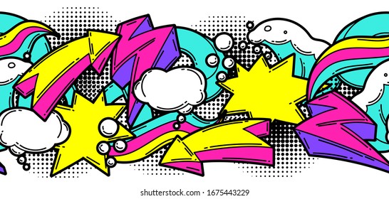 Seamless pattern with cartoon decorative elements. Urban colorful teenage creative background. Fashion symbol in modern comic style.