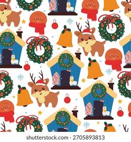 Ciervo de dibujos animados sin fisuras con dibujo de elementos de Navidad para patrón de Navidad y Fondo de pantalla
