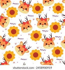seamless pattern cartoon deer with flower. cute animal pattern, background and wallpaper for gift wrap paper