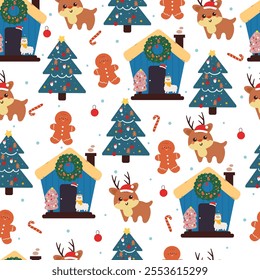 seamless pattern cartoon deer with house in winter day. cute christmas wallpaper for fabric print, gift wrap paper