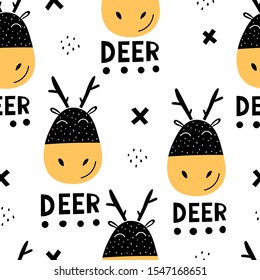 seamless pattern with cartoon deer, lettering, decor elements. vector. Hand drawing for children. animal theme. baby design for print, textile, fabric, wrapper