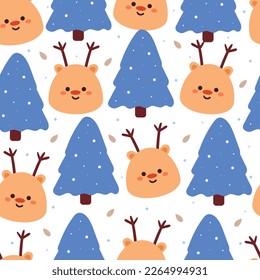 seamless pattern cartoon deer and tree. cute animal wallpaper for textile, gift wrap paper