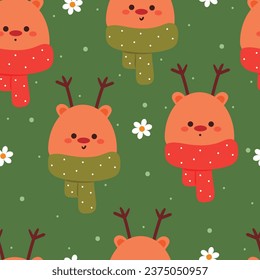 patrón impecable de ciervo de dibujos animados con bufanda. papel pintado de animales adorables con ilustración de flores para papel de envoltura de regalo, papel tapiz de invierno
