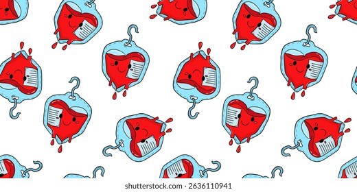 seamless pattern cartoon design blood bag heart shape donor day charity healthcare medical donation volunteer save life white background