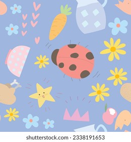Seamless Pattern with Cartoon Design on Pastel blue Background