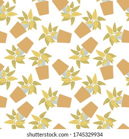 Seamless pattern with cartoon сalathea. Design for packaging paper, textile, fabric, wallpapers. Home decor, growing plants at home concepts. Flat. Vector stock illustration.