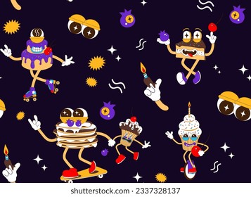 Seamless pattern with cartoon dessert character and groove style elements. Psychedelic Pancake, cake, piece of cake, holiday candles, berries. Modern fashion vector illustration.