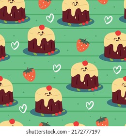 seamless pattern cartoon dessert, chocolate pudding with strawberry. cute food wallpaper