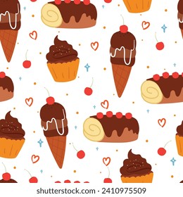 seamless pattern cartoon dessert. cute food wallpaper for textile, gift wrap paper