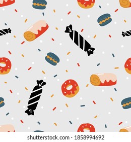 Seamless pattern with cartoon dessert. for fabric print, textile, gift wrapping paper. colorful vector for kids, flat style