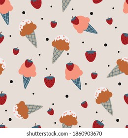 Patrón inmaculado con postre de dibujos animados, helado y pastel. para impresión de tela, textil, papel de envoltura de regalo. vector colorido para los niños, de estilo plano