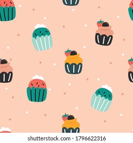 Seamless pattern with cartoon desserts. for fabric print, textile, gift wrapping paper. colorful vector for kids, flat style