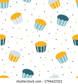 Patrón sin foco con postres de dibujos animados. para impresión de tela, textil, papel de envoltura de regalo. vector colorido para los niños, de estilo plano