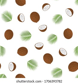 Seamless pattern with cartoon detailed brown exotic whole coconut, half and green leaf. Summer fruits for healthy lifestyle. Organic fruit. Vector illustration for any design.