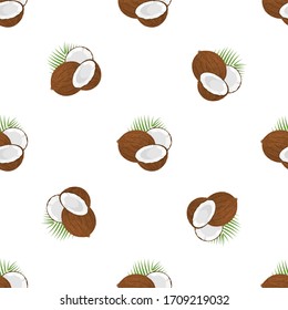 Seamless pattern with cartoon detailed brown exotic whole coconut, half and green leaf. Summer fruits for healthy lifestyle. Organic fruit. Vector illustration for any design.