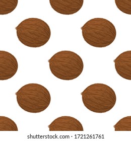 Seamless pattern with cartoon detailed brown exotic whole coconut isolated on white background. Summer fruits for healthy lifestyle. Organic fruit. Cartoon style. Vector illustration for any design.