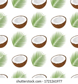 Seamless pattern with cartoon detailed brown exotic half coconut and green leaf. Summer fruits for healthy lifestyle. Organic fruit. Vector illustration for any design.