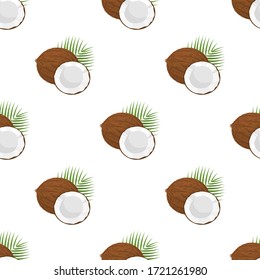 Patrón sin foco con caricatura detallada coco entero marrón exótico, mitad y hoja verde. Frutas de verano para un estilo de vida saludable. Fruta orgánica. Ilustración vectorial para cualquier diseño.
